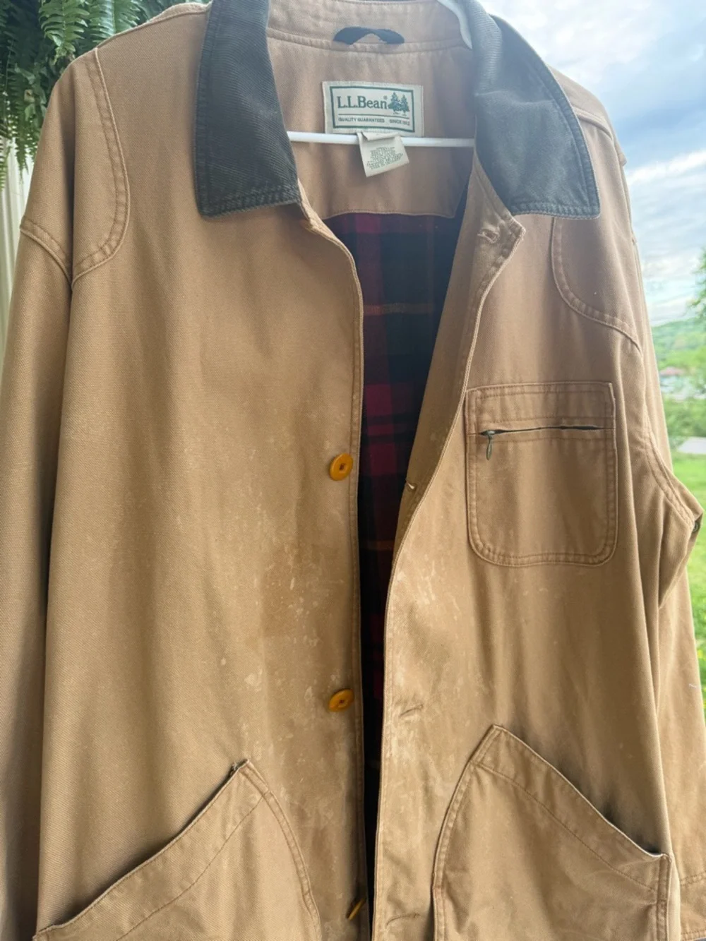 L.L. Bean Barn Coat Jacket‎ XXL Tall Tan Canvas Chore Coat Plaid Lined Workwear